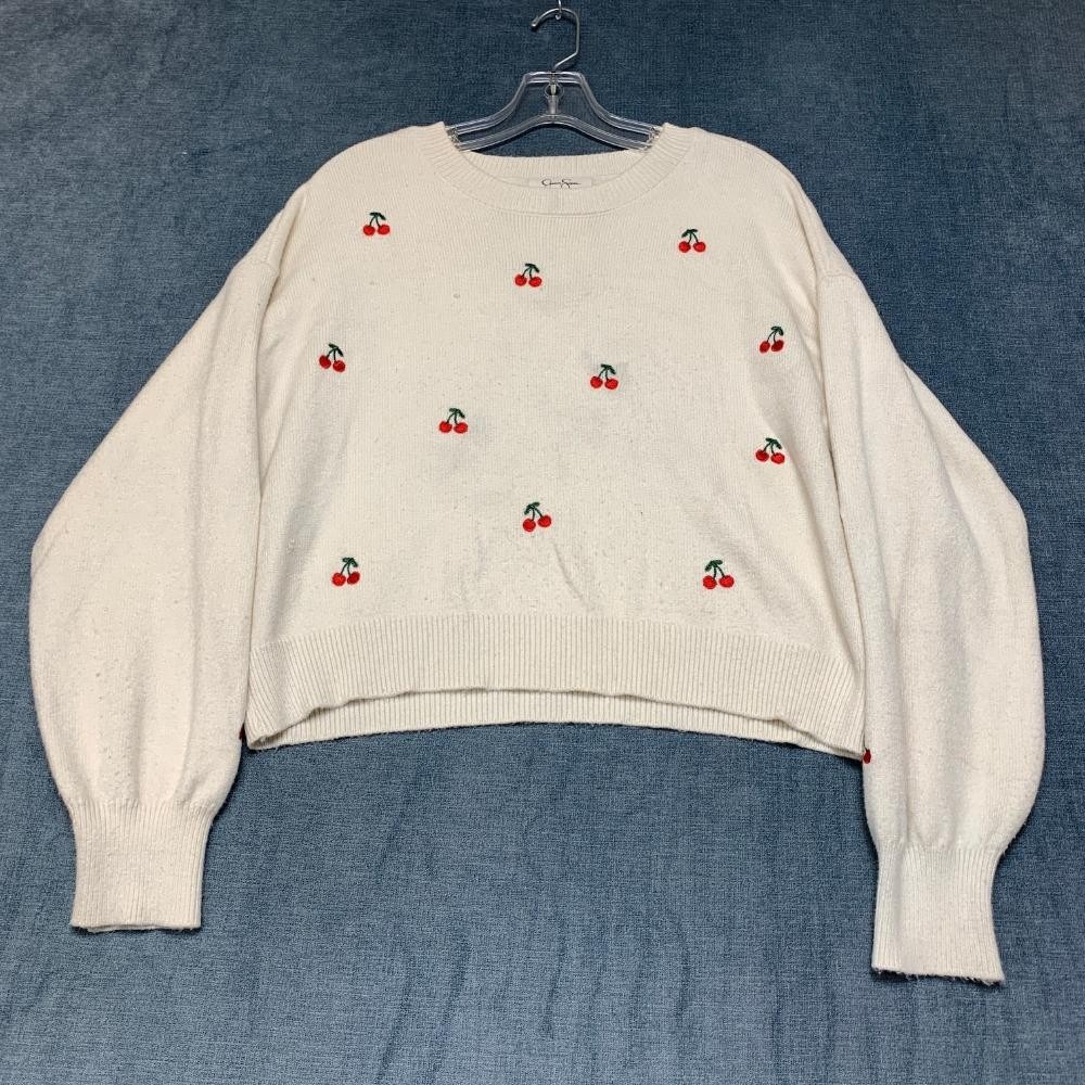 Jessica Simpson Cropped Sweater Women Large White Knit Cherry Printed Streetwear